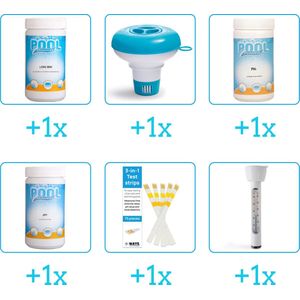 Zwembad Onderhoudsset - Startersset bevat Chloor - Chloordrijver - PH-min en PH-plus - Testrips - Thermometer - Zwembad Onderhoud Starterspakket - Chloortabletten - Ideaal voor Opzetzwembaden - Voor zwembaden van 2500 tot 25.000 liter (6-delig)