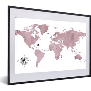 Fotolijst incl. Poster - Wereldkaart - Roze - Windroos - 60x40 cm - Posterlijst