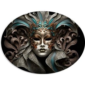 PVC Schuimplaat Ovaal - Wit Venetiaanse carnavals Masker met Blauwe en Gouden Details tegen Zwarte Achtergrond - 40x30 cm Foto op Ovaal (Met Ophangsysteem)