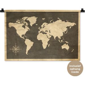 Wandkleed WereldkaartenKerst illustraties - Vintage wereldkaart met windroos Wandkleed katoen 60x40 cm - Wandtapijt met foto