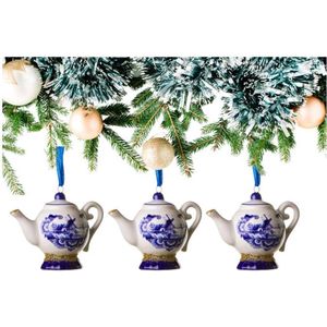 Kersthanger - set van 3 - theepot Delfts blauw - 7 cm hoog - Kerst ornament - kerstbal