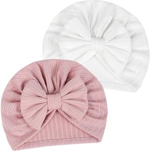 2 stuks zachte elastische babymutsjes - Tulband hoeden voor meisjes en jongens - Pasgeboren ziekenhuis caps (roze/wit)