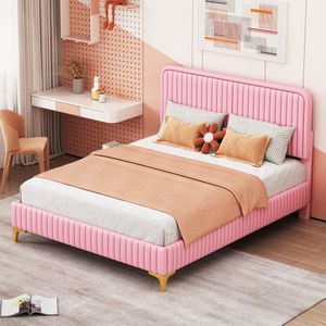 Sweiko Gestoffeerd bed 140 x 200 cm, tweepersoonsbed, in hoogte verstelbaar hoofdeinde, jeugdbed met lattenbod, met metalen poten, kunstleer roze (matras niet inbegrepen)