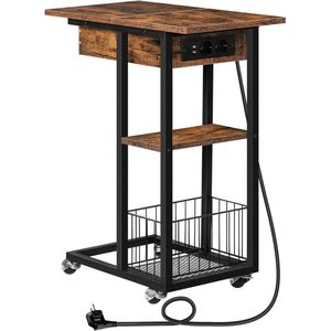 Bijzettafel met laadstation flip C-vorm banktafel salontafel met wielen en legplank nachtkastje voor woonkamer slaapkamer donkerbruin EBF022SF01
