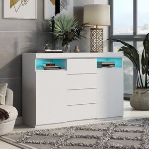 Sweiko Moderne LED commode, dressoir, keukenkast, highboard, multifunctionele kast, opslagkast met veel opslagruimte voor uw woonkamer Eetkamer, Wit, 139*36.5*92cm