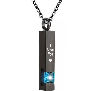 Luxe Ashanger | Met Ketting En Gravering | I Love You | Assieraad | Zwart Met Aqua Steen | As Ketting | Gedenksieraad | Urn | Incl. As vuller