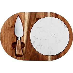 Serveerplank snijplankenset - houten serveerplank marmeren plaat kaasmes - voor taarten voorgerechten - ideale cadeaukeuze - ovaal plankdecoratie