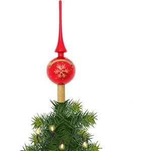 Piek/kerstboom topper - glas - H28 cm - rood met sneeuwvlok - Kerstversiering