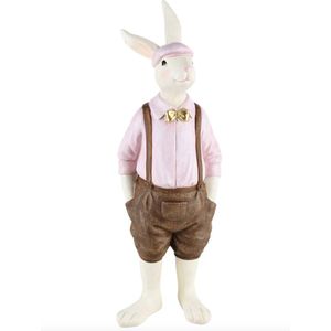 Decoratie konijn jongen staand strik bretels pet bruin roze resina 12x8x35cm | A220817 | Dekoratief Pasen