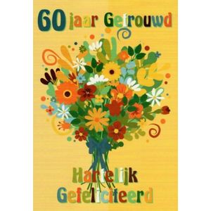 60 jaar getrouwd! Van harte gefeliciteerd! Een kleurrijke en leuke kaart met een afbeelding van een bos bloemen. Leuk om zo te geven of om bij een cadeau te voegen. Een dubbele wenskaart inclusief envelop en in folie verpakt.