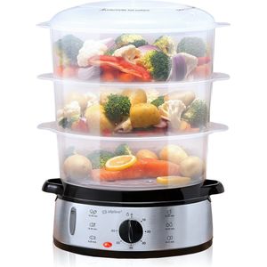 alpina Stoomkoker 9L - Stomer 800W - Voedselstomer met Timer en Warmhoudfunctie - Groente Stomer met 3 Lagen - Steamer voor Groente, Rijst, Kip, Fruit, Vis en Eieren - RVS