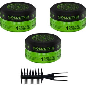 Gold Style Fibre Aqua Green Web Pomade – Styling Wax 4 – 3 x 150 ml (Totaal 450 ml) + Styling Kam