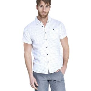 Gestipt overhemd voor mannen - korte mouwen - wit met blauw - maat L