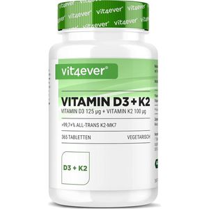Vit4ever - Vitamine D3 + K2 - Voedingssupplement - D3 5.000 I.E. per tablet - K2 100 mcg - 365 Tabletten