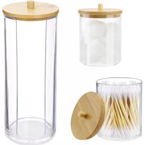 2er Set Acrylic Qtip Holders met Bamboo Lids - Cotton Swabs - Cotton Pads - Dispenser en Opslag voor Cosmetica Box