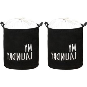 Vrijstaande wasmand met trekkoord 60L - Set van 2 - Inklapbaar - Met handvat - Waterdicht - Rond - Polyester/katoen - Voor producten/speelgoed/slaapkamer