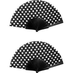 Spaanse handwaaier - 2x - zwart/wit - kunststof/polyester - 42 x 24 cm