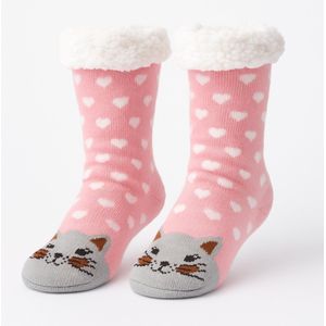 Budino® Huissokken - Verwarmde sokken - Antislip Sokken - Warme Sokken - Dikke Sokken - Anti Slip - Fluffy Sokken - Dames en Heren - Kat Roze