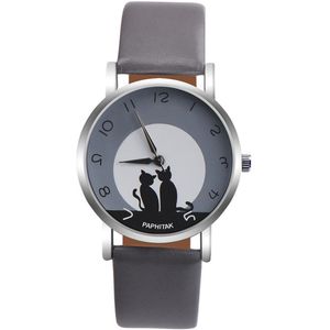 Hidzo Horloge Paphitak Katten - Ø 37 mm - Grijs - Kunstleer - Inclusief Horloge doosje