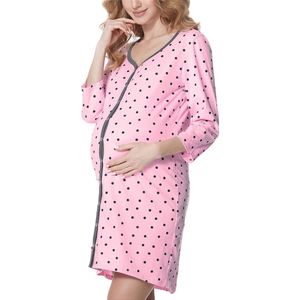 Be Mammy Dames Nachtemd - Nachtjapon - Zwangerschaps Nachthemd - 3/4 mouwen met borstvoedingsfunctie - Katoen - BE-BE20-276-ND - Roze Stippen (Grafiet) - XXL