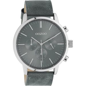 OOZOO Timepieces - zilverkleurige horloge met aqua grijze leren band - C10915 - Ø45