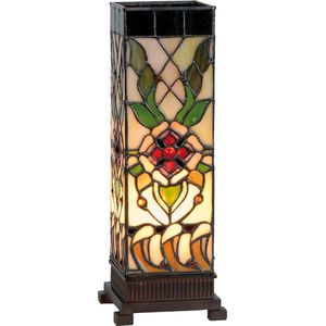 HAES DECO - Tiffany Tafellamp 12x12x35 cm Beige Groen Glas Rechthoek Roos Tiffany Bureaulamp Tiffany Lampen Glas in Lood