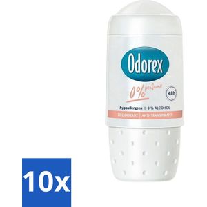 10 x Odorex Deodorant Roller 0% 50 ml - Alcoholvrij - Langdurige Bescherming - Deodorant Roller