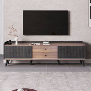 TV-meubel met twee laden-TV-tafel-TV lowboard laag paneel met twee schuifdeuren bruin en zwart houtkleur-H58/L160/T40 cm