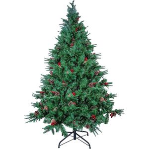 Uten Luxe Uitvoering Kunstkerstboom - Met 60 Dennenappels En 60 Rode Besjes - 210cm Hoog - Zonder Verlichting - 900takken - Groen