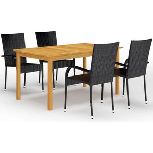 The Living Store Tuinset Acaciahout - 150x90x74 cm - Zwart PE rattan - Stackable - Inclusief tafel en 4 stoelen