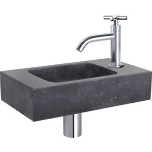 Differnz Fonteinset - Wasbak Natuursteen Bombai Black - Antraciet - Gebogen Kraan - Chroom - Kruisgreep - 40 x 22 x 9 cm