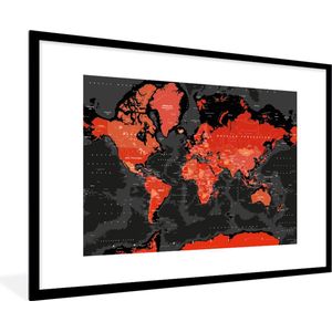 Fotolijst incl. Poster - Wereldkaart - Rood - Zwart - Kind - Jongetjes - Meid - 120x80 cm - Posterlijst