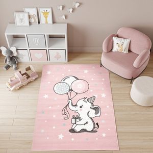 Tapiso Baby Vloerkleed Roze Wit Olifant Ballonnen Kinderkamer Tapijt Maat- 140x200