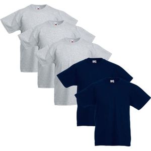 5 Fruit of the Loom Kinder t-shirts origineel grijs/marineblauw maat 116