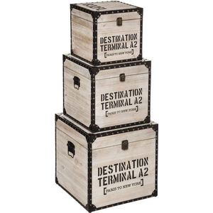 Houten Scheepskisten/opbergkisten - set Destination Terminal A2 - 3 stuks - zware kwaliteit - 38cm x 38cm x 38cm