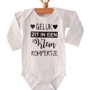 Baby Rompertje  Geluk zit in een klein rompertje  | Lange mouw | wit | maat 50/56 cadeautje zwangerschaps aankondiging