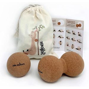 Set van 2 antibacteriële kurk massageballen - fasciabal & duoball 8 cm - handen voeten rug cadeau-idee - verjaardag vriendin - katoenen tas handleiding massage bal voeten