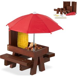 Relaxdays eekhoorn picknicktafel - bouwpakket - voedertafel met parasol - maïskolfhouder