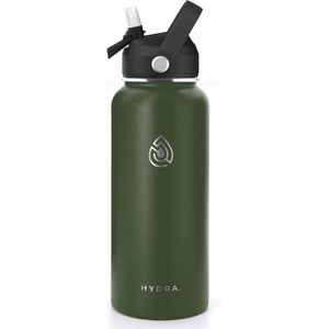 Drinkfles Roestvrij Staal 1000ml - Forest Green - 1L RVS Waterfles Groen - Outdoor - Verpakking inclusief dop met rietje, draaidop, schoonmaakborstel - min. 24u warm - 24u koud - Hydra.