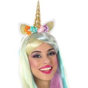 Atosa Verkleed haarband Unicorn/eenhoorn - goud gekleurd - meisjes/dames - met bloemen