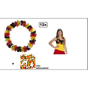 12x Hawai krans Belgie - zwart/geel/rood + zakje 150x tafelconfetti papier Belgie - Belgium EK Voetbal thema feest hawaii slinger