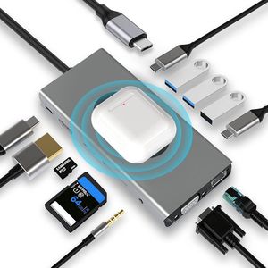 USB C HUB dongle met draadloos opladen - 13-in-1 docking station adapter - 4K HDMI VGA 2×USB 3.0 USB C 3.0&2.0 RJ45 Ethernet PD 100W SD/TF & 3.5mm AUX - Compatibel met MacBook Pro en andere