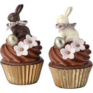 Viv! Christmas Paasdecoratie - Chocolade Cupcake met Paashaas - set van 2 - pasen - bruin wit goud - 15cm
