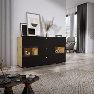 Meubel Square - Dressoir Belix - Eiken / Mat Zwart - Commode met LED-verlichting