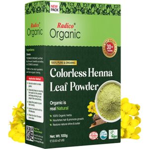 Radico ORGANIC KLEURLOOS / KLEURLOZE / COLORLESS / NEUTRAL HENNA 100% Natuurlijke BIO BOOST, HAARGROEI, Anti-Haaruitval, GLANS, VOEDENDE Haarmasker Zonder Ammonia PPD Peroxide Waterstofperoxide etc. met ECOCERT, HALAL, VEGAN 100g