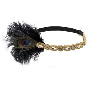 Dames pauwenveer flapper hoofdband haarband 1920 elastisch met strass voor party bruiloft burlesque kostuum accessoire (goud)
