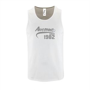 Witte Tanktop sportshirt met ""Awesome sinds 1982"" Print Zilver Size M