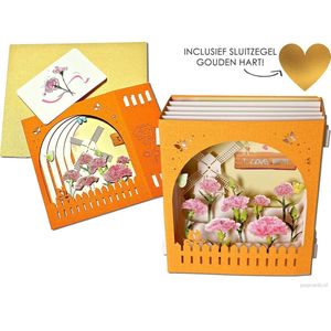 Popcards popupkaarten – Moederdag voor de liefste moeder - Mooi zacht oranje doorkijkbox I love mom, met tuintje waarin prachtige roze bloemen, anjers Moederdag pop-up kaart 3D wenskaart inclusief gouden hart sluitzegel