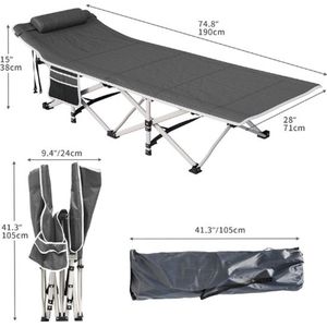 Kampeerbed – Volwassenen – Veldbed – Stretcher – 1 Persoon – Campingbed – Inklapbaar Ligbed – Inclusief Draagtas – Comfortabel – Grijs