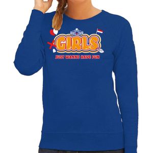 Bellatio Decorations Koningsdag sweater voor dames - girls just wanna have fun - blauw -feestkleding M